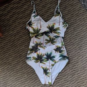 White Palm Tree One Piece Swim Suit